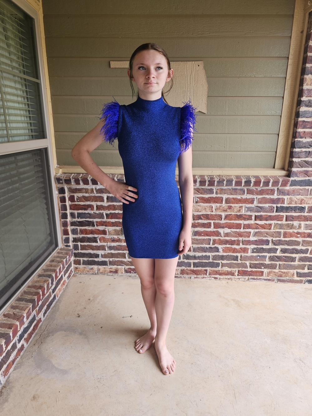 Alice + Olivia Electric Blue Feather-Shoulder Mini Dress